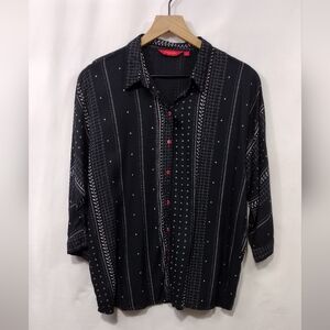 Morpankh Patterned Button Shirt Women's L Black Boho Retro Y2K 90s Artsy Grunge